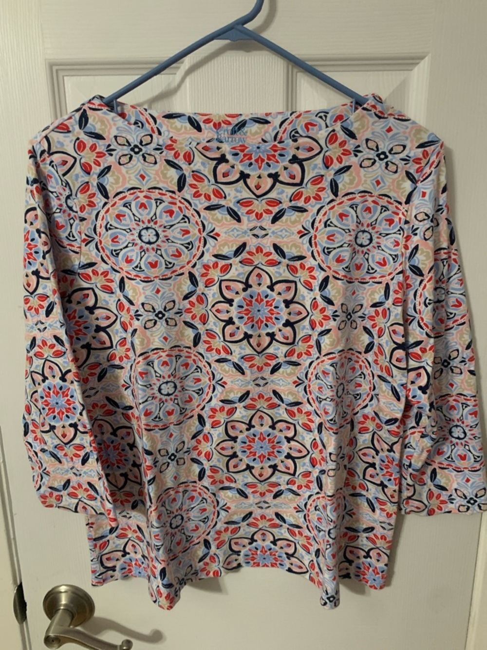 croft & barrow White 3/4 Sleeve Medallion Print Top with Blue & Coral Accents.